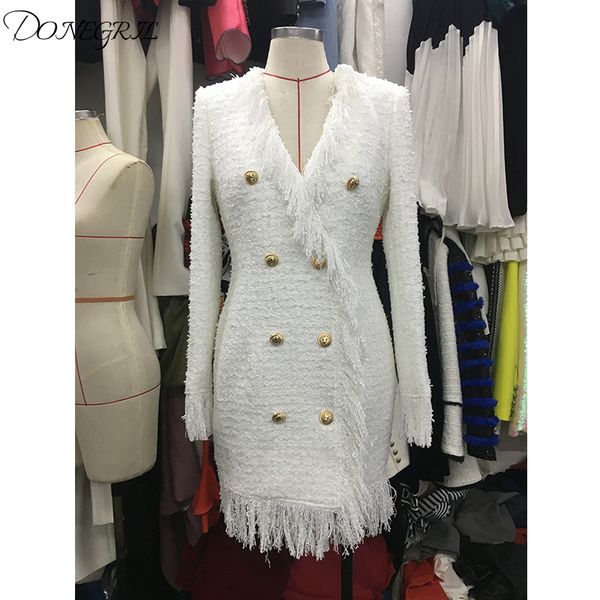 women autumn winter long sleeve tweed dress vintage v-neck female office lady double-breasted white black tassel dress, Black;gray
women autumn winter long sleeve tweed dress vintage v-neck female office lady double-breasted white black tassel dress, Black;gray