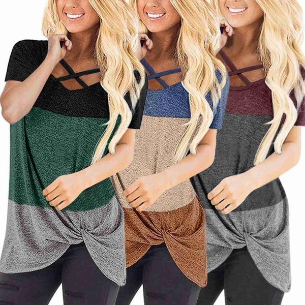 women's summer stitching v-neck cross loose knot short-sleeved t-shirt top, White
women's summer stitching v-neck cross loose knot short-sleeved t-shirt top, White