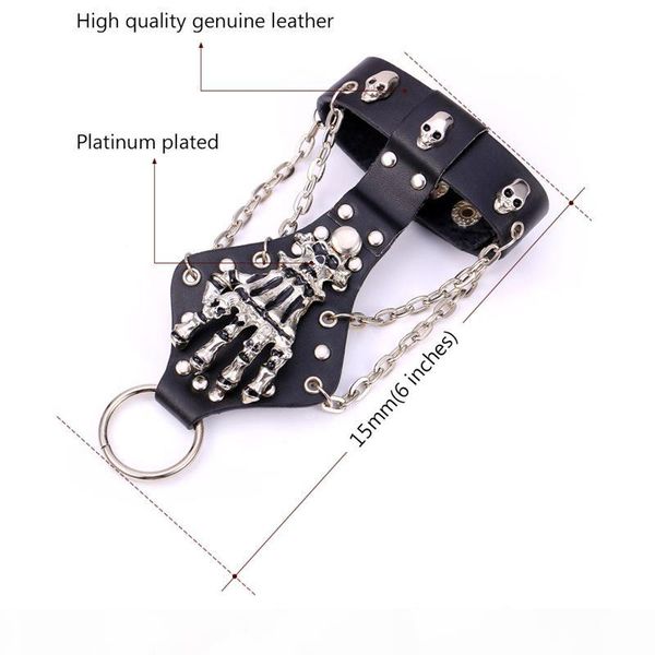 men's platinum plated cool skeleton ring bracelet set genuine leather punk style slave bracelet, Silver
men's platinum plated cool skeleton ring bracelet set genuine leather punk style slave bracelet, Silver