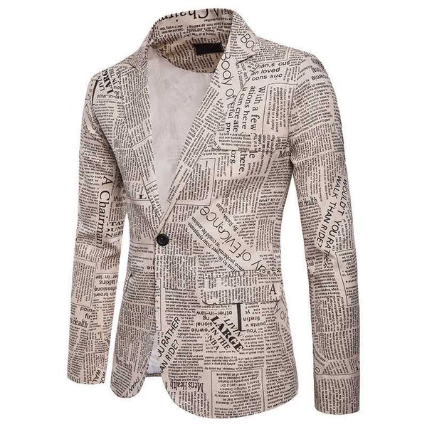 men's suits & blazers stylish blazer vintage spaper printed man one button casual slim fit suit coats male outwear, White;black
men's suits & blazers stylish blazer vintage spaper printed man one button casual slim fit suit coats male outwear, White;black