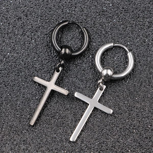 earring cross men's round titanium steel earrings, men's jewelry, accessories, hipster, rock style, punk, circle earrings men, Silver