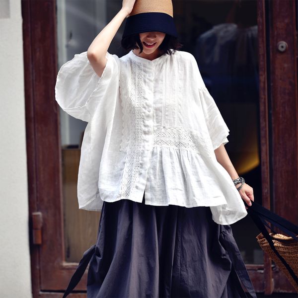 micoco c1605c linen lace patchwork shirt with small stand collar and lotus leaf sleeve, White
micoco c1605c linen lace patchwork shirt with small stand collar and lotus leaf sleeve, White