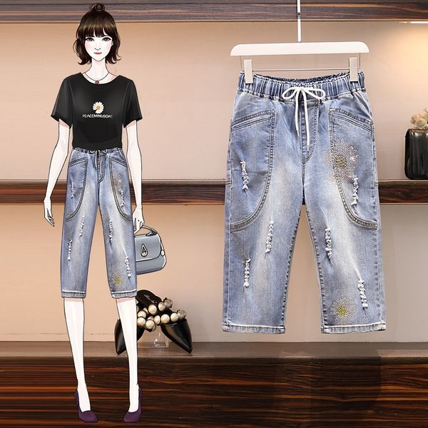 large size women's daisy diamond-encrusted women's 2020 summer high waist stretch hole loose jeans and jeans slimming pants, Blue 
large size women's daisy diamond-encrusted women's 2020 summer high waist stretch hole loose jeans and jeans slimming pants, Blue