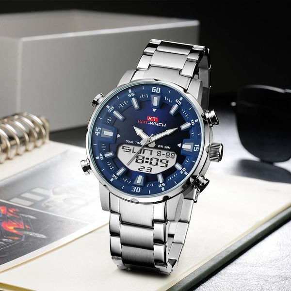 kt 2020 new mens watches with stainless steel dual display waterproof 3d dial analog digital chronograph male sport style kt1815, Slivery;brown
kt 2020 new mens watches with stainless steel dual display waterproof 3d dial analog digital chronograph male sport style kt1815, Slivery;brown