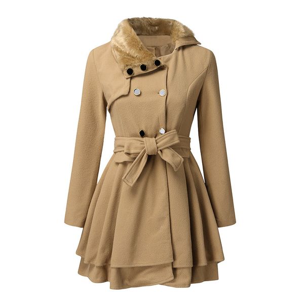 new women's slim mid-length woolen coat double-breasted padded coat ing, Black