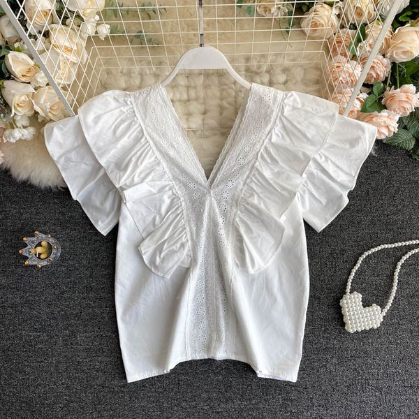 lady retro v-neck ruffle women new fashion hollow loose shirt sleeveless camisas mujer blouse n395, White
lady retro v-neck ruffle women new fashion hollow loose shirt sleeveless camisas mujer blouse n395, White