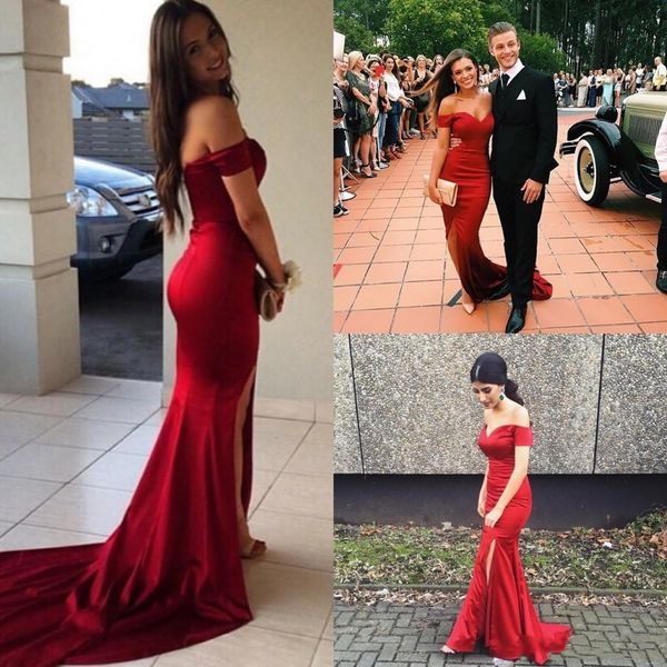 red off shoulders sweep train satin mermaid prom dresses custom made split evening dresses vestidos de fiesta party gowns b130, Black
red off shoulders sweep train satin mermaid prom dresses custom made split evening dresses vestidos de fiesta party gowns b130, Black