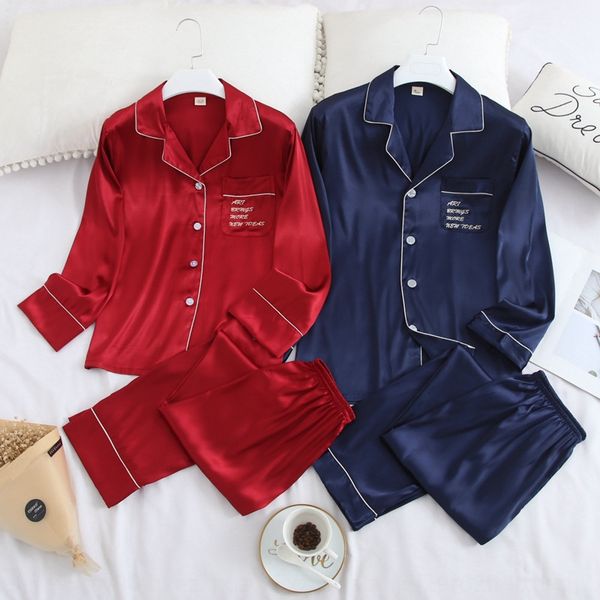 couple silk home clothes set thin cardigan two-piece set long-sleeved trousers solid color simple trousers pajamas pajamas pajamas, Blue;red
couple silk home clothes set thin cardigan two-piece set long-sleeved trousers solid color simple trousers pajamas pajamas pajamas, Blue;red