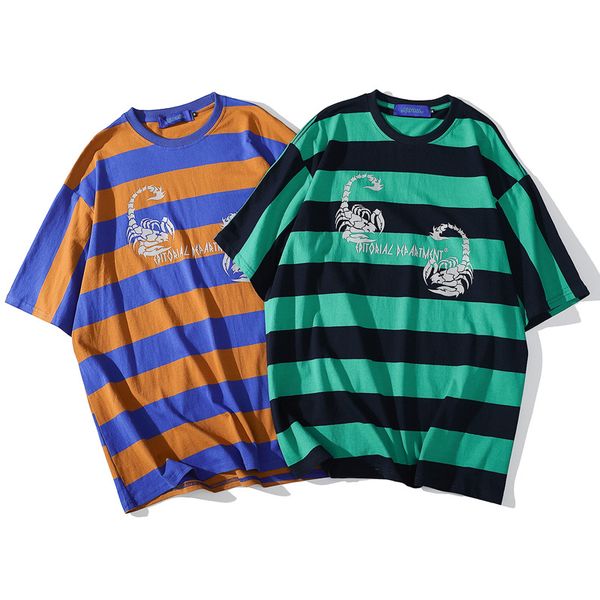 scorpion printed striped short-sleeved t-shirt men's european and american tide brand hip-hop loose horizontal stripe thick striped fiv, White;black
scorpion printed striped short-sleeved t-shirt men's european and american tide brand hip-hop loose horizontal stripe thick striped fiv, White;black