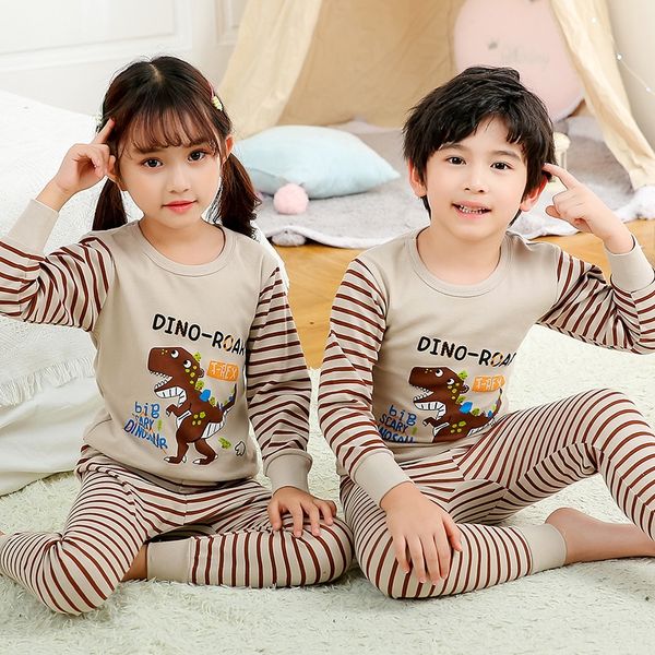 

gqfzo 2020 new children's thermal underwear set pure cotton pajamas baby warm underwear and clothes dinosaur autumn clothes autumn pant, Black;brown