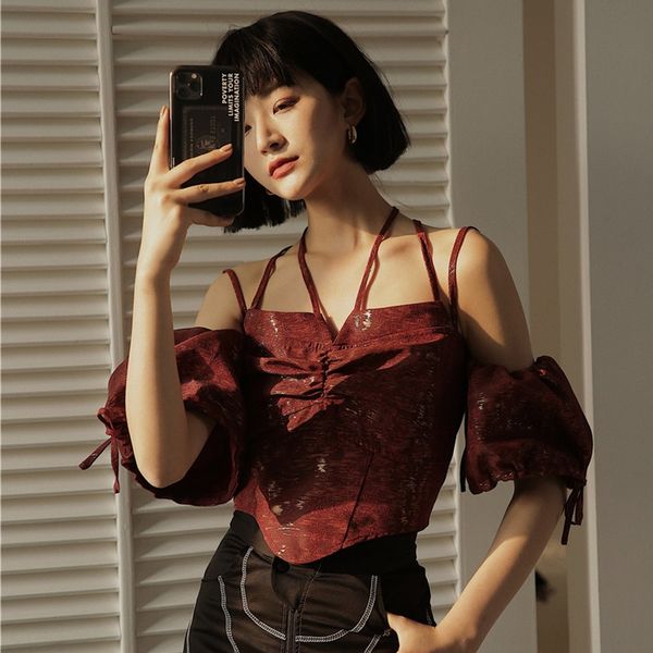 rusty red gold silk jacquard female strap girl sling jacket sling bubble sleeve top, Camo
rusty red gold silk jacquard female strap girl sling jacket sling bubble sleeve top, Camo