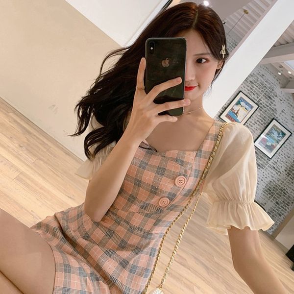 2020 летнего нового элегантные корейский стиль женщин клетчатого платья с короткими рукавами талия юбки шить шифон a- линия платье мода, Black;gray 
2020 летнего нового элегантные корейский стиль женщин клетчатого платья с короткими рукавами талия юбки шить шифон a- линия платье мода, Black;gray