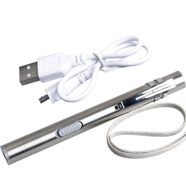 13cm Portable Mini Pen Stainless Steel Usb Rechargeable Led Superbright Electric Torch --m25