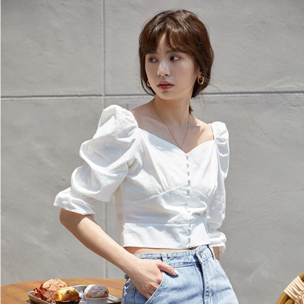 2020 summer new korean style women's shoulder clavicle bubble sleeve shirt short navel shirt, White
2020 summer new korean style women's shoulder clavicle bubble sleeve shirt short navel shirt, White