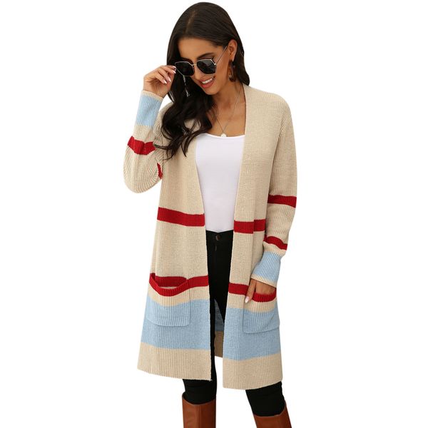 european and american cross-border new womens 2020 autumn and winter foreign trade pocket knitted cardigan striped stitching contrasting col, White;black
european and american cross-border new womens 2020 autumn and winter foreign trade pocket knitted cardigan striped stitching contrasting col, White;black