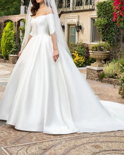 a-line wedding dresses off shoulder chapel train satin half sleeve country wedding dress in color with draping, White
a-line wedding dresses off shoulder chapel train satin half sleeve country wedding dress in color with draping, White