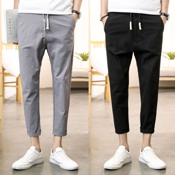 men's pants cotton ankle-length straight casual trousers summer cropped solid feet pencil linen, Black
men's pants cotton ankle-length straight casual trousers summer cropped solid feet pencil linen, Black