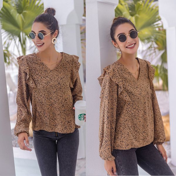 2020 autumn v-neck long sleeves for women leopard print blouse with ruffle edge on armhole, White
2020 autumn v-neck long sleeves for women leopard print blouse with ruffle edge on armhole, White