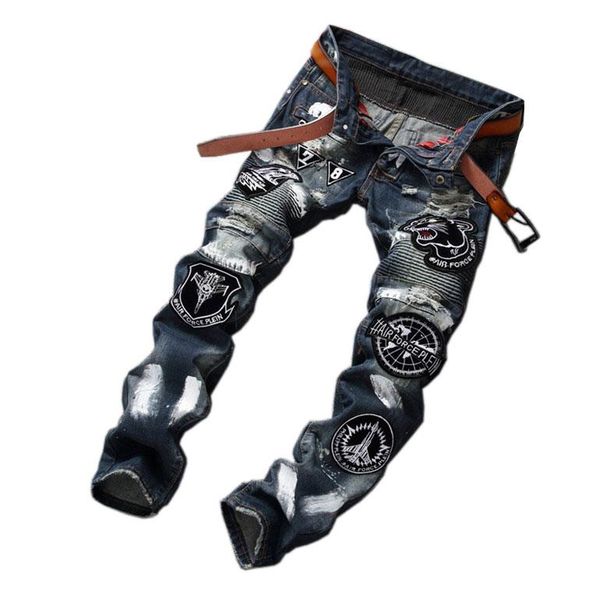 retro designer hold destroy slim casual patchwork true jeans jogger men's stitches nocturnal men's embroidery tiger head straight, Blue 
retro designer hold destroy slim casual patchwork true jeans jogger men's stitches nocturnal men's embroidery tiger head straight, Blue
