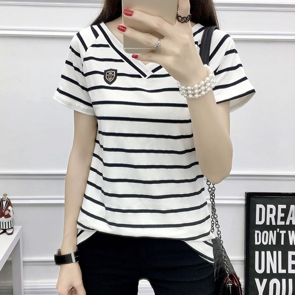 qshdx новых корейского стиль случайное свободное похудение с короткими рукавами женских летней одеждой v-образный вырез футболка полосатого, White 
qshdx новых корейского стиль случайное свободное похудение с короткими рукавами женских летней одеждой v-образный вырез футболка полосатого, White