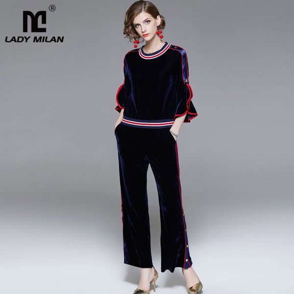 2020 autumn women's velour designer runway twinsets o neck ruffles 3/4 sleeves striped blouse with long pants two piece sets, Gray
2020 autumn women's velour designer runway twinsets o neck ruffles 3/4 sleeves striped blouse with long pants two piece sets, Gray