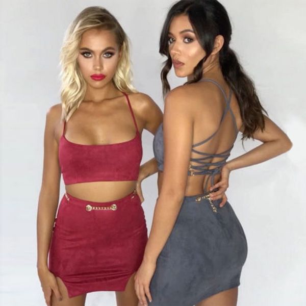 2pcs women clubwear sleeveless lace-up backless tank crop suede leather empire bodycon split chain mini pencil skirt dress, White
2pcs women clubwear sleeveless lace-up backless tank crop suede leather empire bodycon split chain mini pencil skirt dress, White