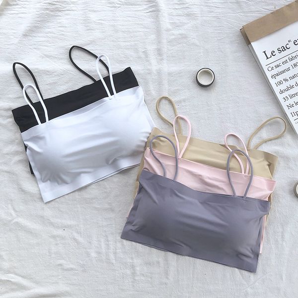 women girls summer ice silk crop spaghetti strap seamless bralette solid color wire basic stretch camisole vest, Black;white
women girls summer ice silk crop spaghetti strap seamless bralette solid color wire basic stretch camisole vest, Black;white