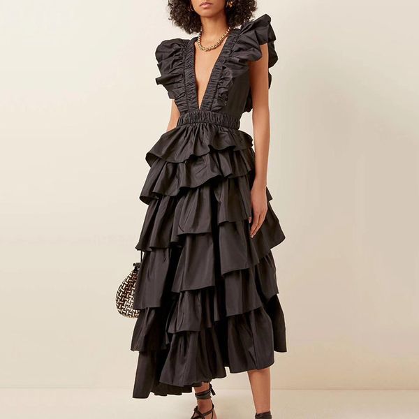 australian fashion show 2020 summer deep v-neck irregular hem cascade dress mid length, Black;gray
australian fashion show 2020 summer deep v-neck irregular hem cascade dress mid length, Black;gray