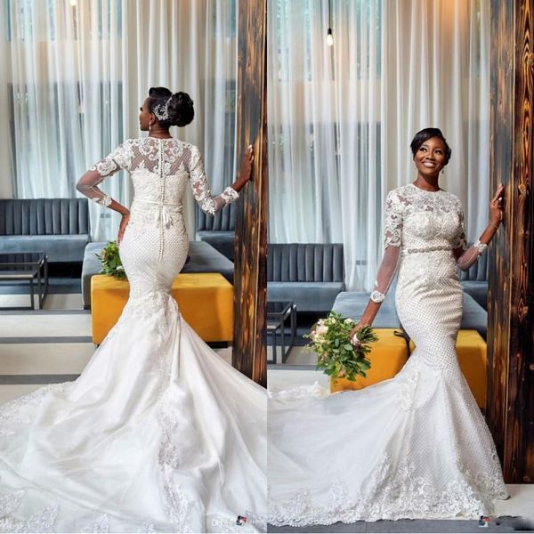 2020 african plus size mermaid wedding dresses long sleeves lace appliqued crystal beaded sweep train wedding gowns robe de mariee, White
2020 african plus size mermaid wedding dresses long sleeves lace appliqued crystal beaded sweep train wedding gowns robe de mariee, White