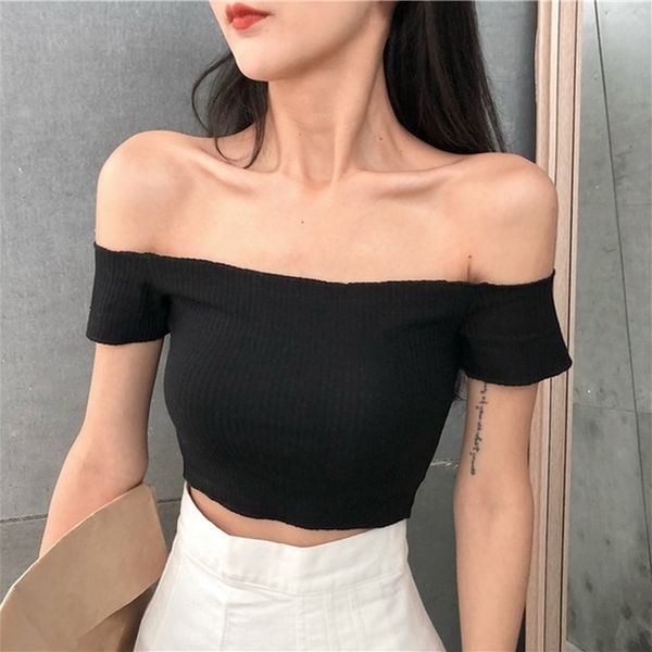 one word collar t shirt women crop slash neck casual off shoulder tank female streetwear black tee, White
one word collar t shirt women crop slash neck casual off shoulder tank female streetwear black tee, White