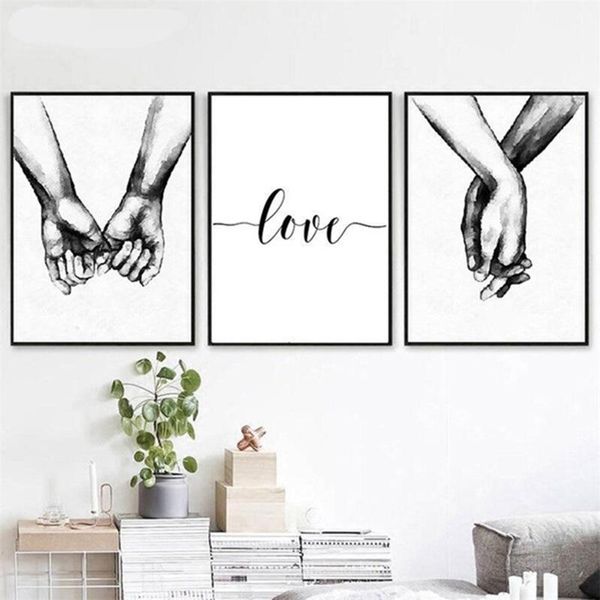 

Black and White Holding Hands Love Letters Canvas Painting Wall Art for Living Room Home Decor No Frame