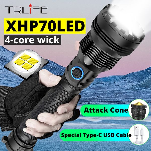 Xhp70 Super Bright Glare Usb Charging 26650 Led Multifunctional Outdoor Aluminum Alloy Zoom Light With Attack Cone