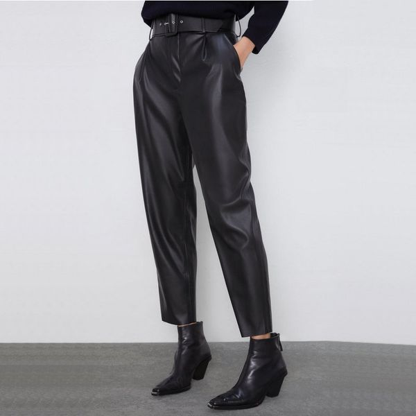 2020 spring autumn women fashion black hight waist faux leather suit pants with sashes pockets office ladies pu leather trousers, Black;white
2020 spring autumn women fashion black hight waist faux leather suit pants with sashes pockets office ladies pu leather trousers, Black;white