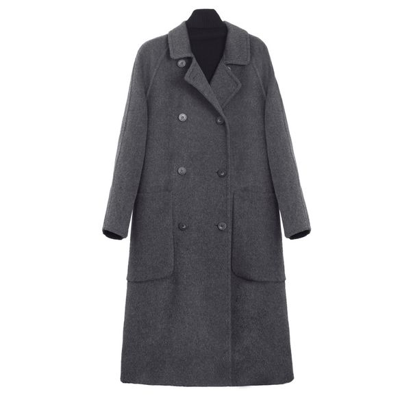 women's long woolen coat fall winter grey lapel robe coat solid color retro big pocket double-breasted parka e184, Black
women's long woolen coat fall winter grey lapel robe coat solid color retro big pocket double-breasted parka e184, Black