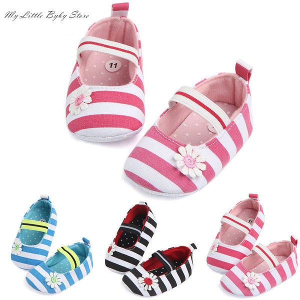 2020 New Fashion Newborn Infant Baby Girl Soft Crib Shoes Moccasin Prewalker Sole Shoes Striped Flower Casual First Walkers
