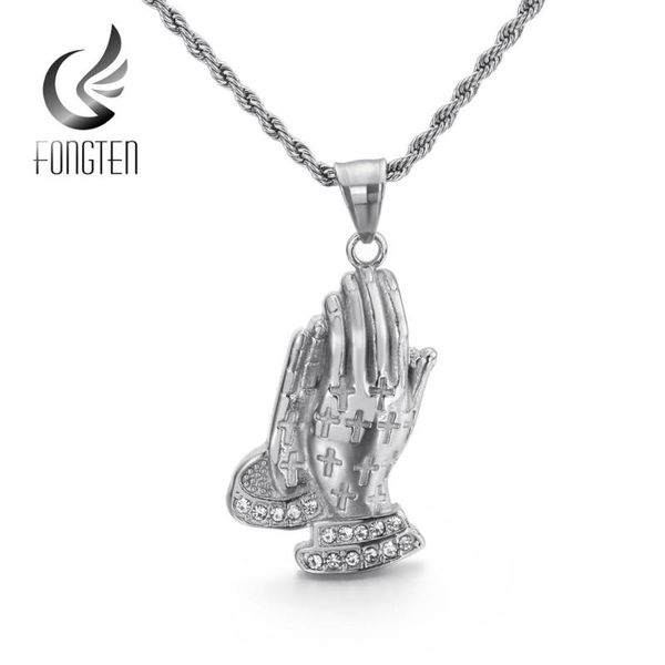 fongten blessing hand cross pendant black stainless steel zircon pendants necklace men jewelry, Silver 
fongten blessing hand cross pendant black stainless steel zircon pendants necklace men jewelry, Silver