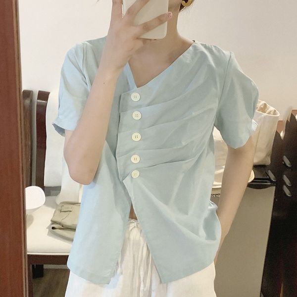 korean chic slim v-neck pleated irregular single-breasted solid color loose short sleeve for women shirt shirt, White
korean chic slim v-neck pleated irregular single-breasted solid color loose short sleeve for women shirt shirt, White