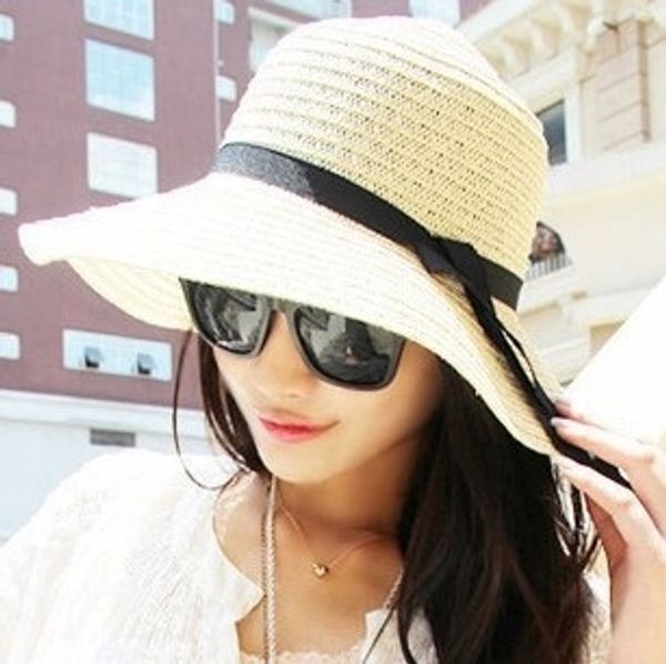 foldable sun beach big edge sun women's straw straw hat hat, Blue;gray