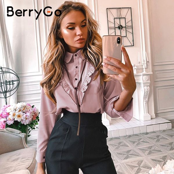 berrygo casual office blouse shirt long sleeve tie up elegant female ruffle work wear summer blouses blusas, White 
berrygo casual office blouse shirt long sleeve tie up elegant female ruffle work wear summer blouses blusas, White