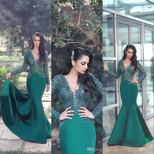 new emerald green prom dresses v neck long sleeves illusion mermaid lace appliques beaded satin evening dress party gowns, Black
new emerald green prom dresses v neck long sleeves illusion mermaid lace appliques beaded satin evening dress party gowns, Black