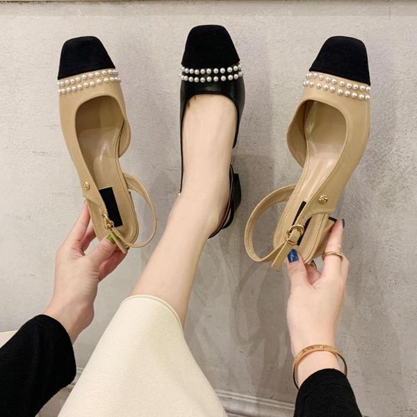 women's shoes new fashion pearl decorative bowstring sandals square head thick heel shallow low heel single shoes, Black
women's shoes new fashion pearl decorative bowstring sandals square head thick heel shallow low heel single shoes, Black