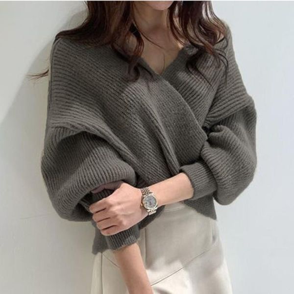 v neck twisted back sweater women korean elegant chic knitted pullovers casual long sleeve solid loose jumper pull femm, White;black 
v neck twisted back sweater women korean elegant chic knitted pullovers casual long sleeve solid loose jumper pull femm, White;black
