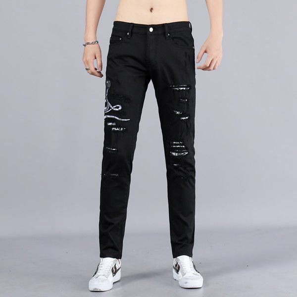 european and american men's new printed long straight straight trend comfortable and fashionable hole regular jeans, Blue
european and american men's new printed long straight straight trend comfortable and fashionable hole regular jeans, Blue