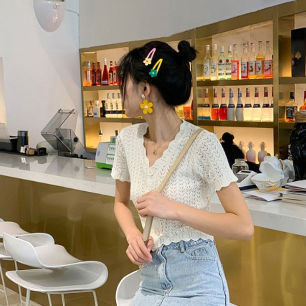 summer lazy casual hollow-out ice silk knitwear women's short v-neck short sleeve thin knitwear top, White;black 
summer lazy casual hollow-out ice silk knitwear women's short v-neck short sleeve thin knitwear top, White;black