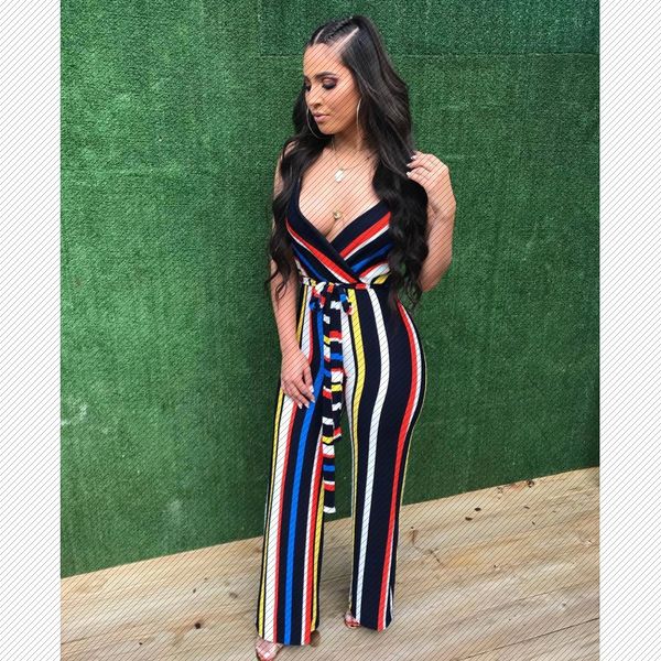 w8094 european and american foreign trade fashion womens amazon multi-color striped deep v strap jumpsuit, Black;white
w8094 european and american foreign trade fashion womens amazon multi-color striped deep v strap jumpsuit, Black;white