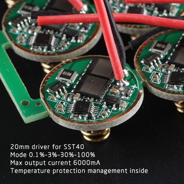 flashlights torches 20mm driver for sst40 ,4 modes 0.1%-3%-30%-100%, max current output 6000ma, temperature protection management inside
flashlights torches 20mm driver for sst40 ,4 modes 0.1%-3%-30%-100%, max current output 6000ma, temperature protection management inside