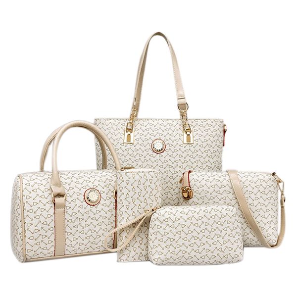 five-piece fashion ladies and mother bag wild printed fishbone shoulder messenger handbag creamy-white