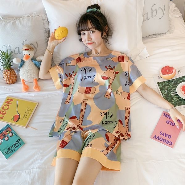 ice short-sleeved pajamas women's korean pajamas silk and silk style sweet cute cartoon giraffe home wear silk-like girl suit, Blue;red
ice short-sleeved pajamas women's korean pajamas silk and silk style sweet cute cartoon giraffe home wear silk-like girl suit, Blue;red