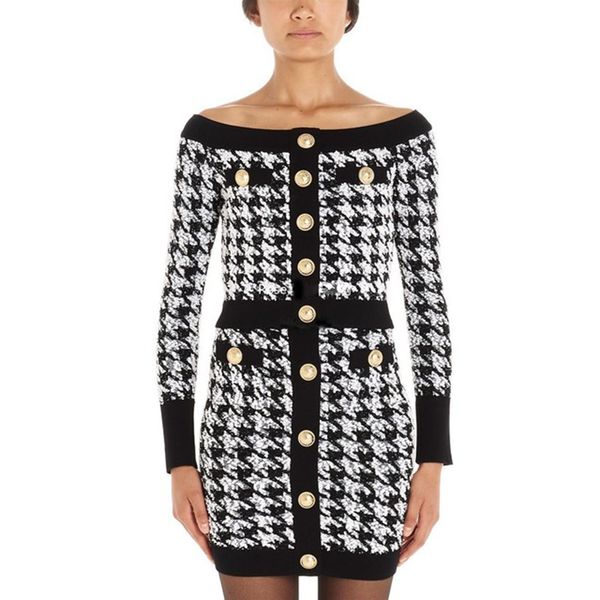 women's sweaters high street 2021 designer stylish slash neck lion buttons tweed houndstooth sweater, White;black
women's sweaters high street 2021 designer stylish slash neck lion buttons tweed houndstooth sweater, White;black