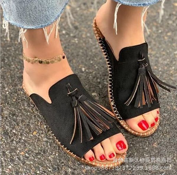 women's shoes european and american tassel fish mouth sandals women's flat bottomed straw knitted slippers, Black 
women's shoes european and american tassel fish mouth sandals women's flat bottomed straw knitted slippers, Black